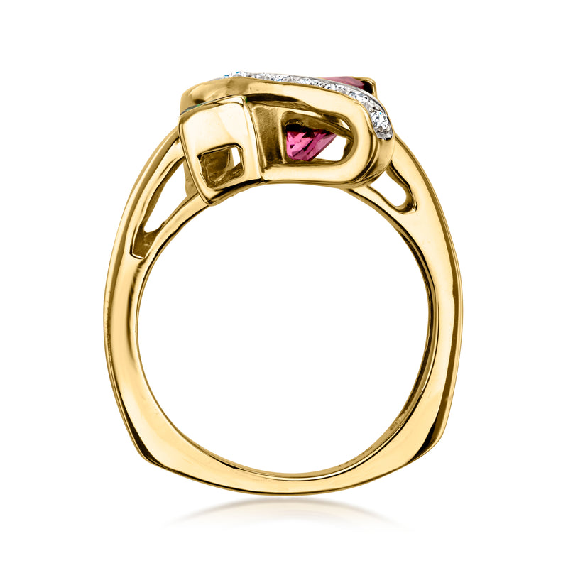 C. 1990 Vintage 2.35 ct. t.w. Pink and Green Tourmaline Ring with .16 ct. t.w. Diamonds in 14kt Yellow Gold. Size 7