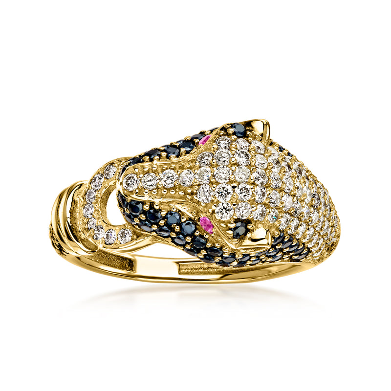 C. 2000 Vintage 1.20 ct. t.w. Diamond and 1.20 ct. t.w. Black Sapphire Panther Ring with Rubies in 14kt Yellow Gold. Size 7.25
