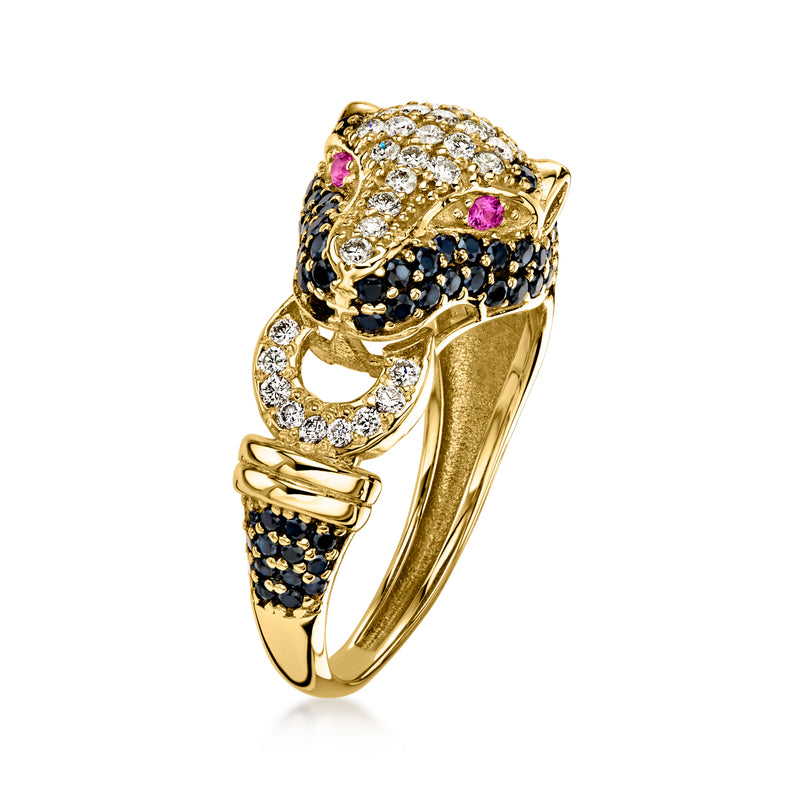 C. 2000 Vintage 1.20 ct. t.w. Diamond and 1.20 ct. t.w. Black Sapphire Panther Ring with Rubies in 14kt Yellow Gold. Size 7.25