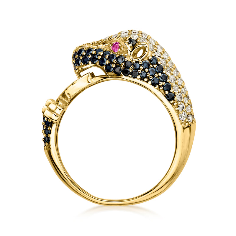C. 2000 Vintage 1.20 ct. t.w. Diamond and 1.20 ct. t.w. Black Sapphire Panther Ring with Rubies in 14kt Yellow Gold. Size 7.25
