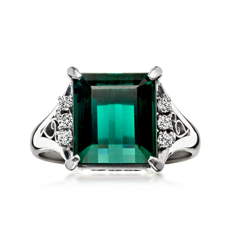 C. 1990 Vintage 5.06 Carat Green Tourmaline Ring with .10 ct. t.w. Diamonds in Platinum. Size 6.25