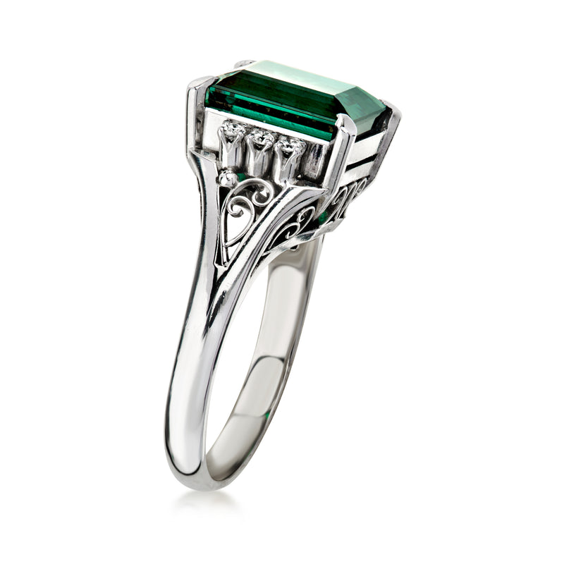 C. 1990 Vintage 5.06 Carat Green Tourmaline Ring with .10 ct. t.w. Diamonds in Platinum. Size 6.25