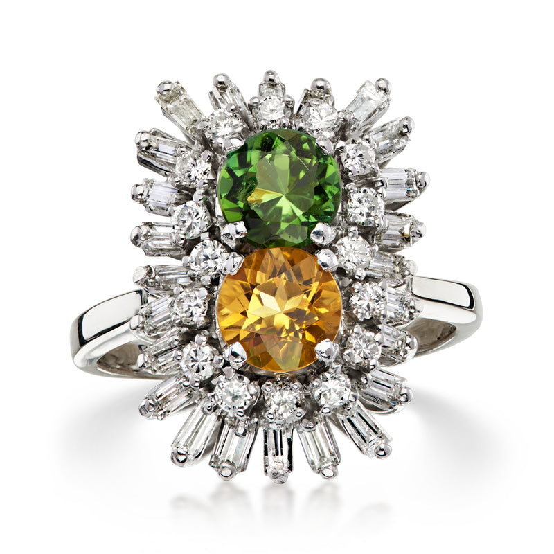 C. 2000 Vintage .70 Carat Green Tourmaline and .60 Carat Citrine Ring with 1.50 ct. t.w. Diamonds in 14kt White Gold. Size 7