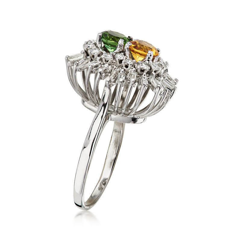 C. 2000 Vintage .70 Carat Green Tourmaline and .60 Carat Citrine Ring with 1.50 ct. t.w. Diamonds in 14kt White Gold. Size 7