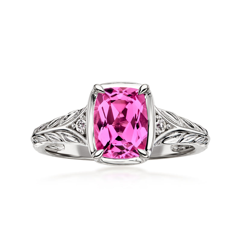 Sterling silver ring with cushion-cut pink sapphire and leafy split-shank details