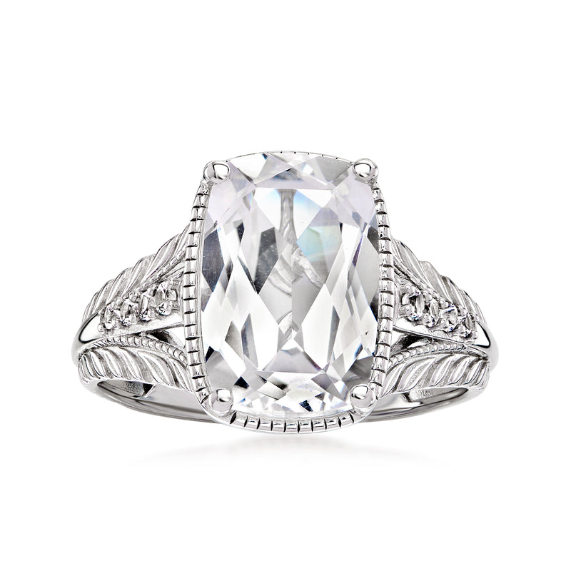 Sterling silver ring with large oval white sapphire and filigree split shank