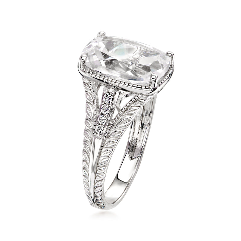 Sterling silver ring with oval white sapphire and braided filigree side band