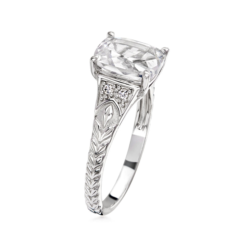Sterling silver ring with cushion-cut white sapphire and detailed pave side gallery