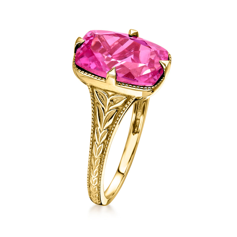10kt yellow gold ring with pink oval sapphire bezel and engraved side band