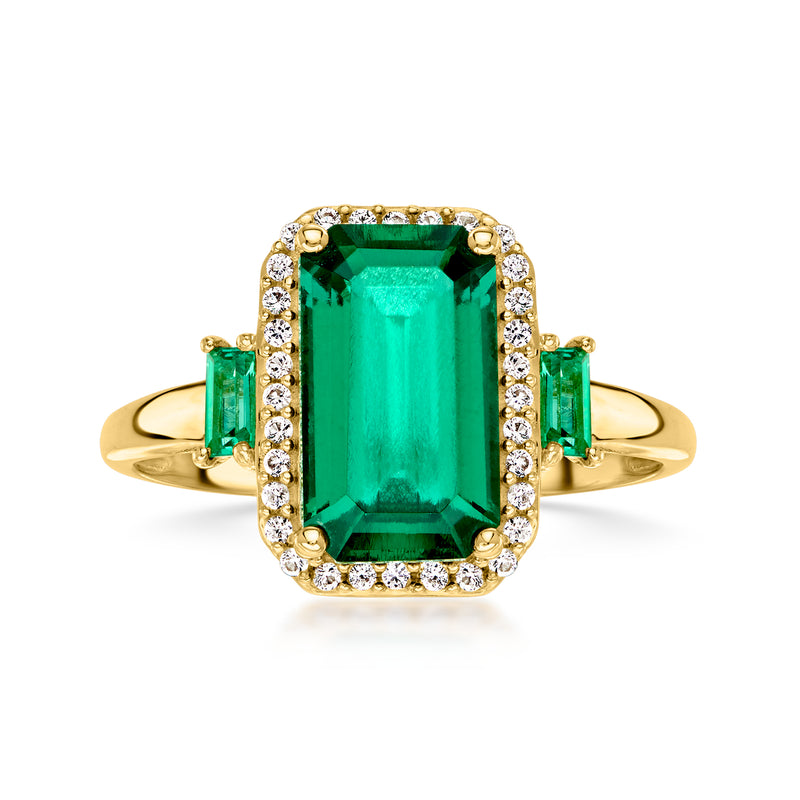 10kt yellow gold emerald-cut emerald ring with white sapphire halo and side baguettes