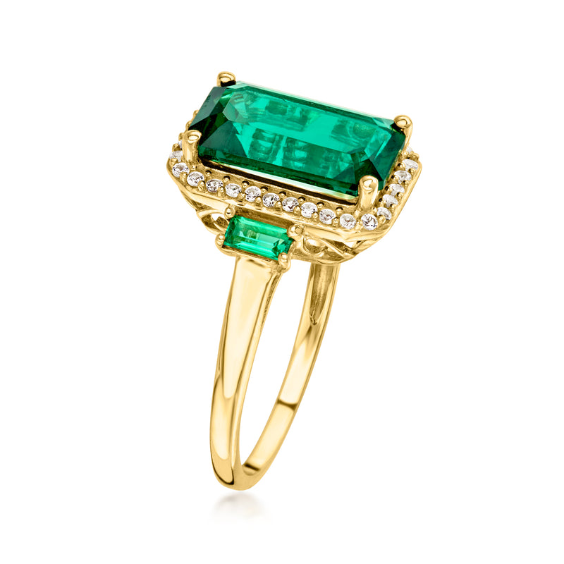 Lab-grown emerald ring in 10kt yellow gold with white sapphire accents