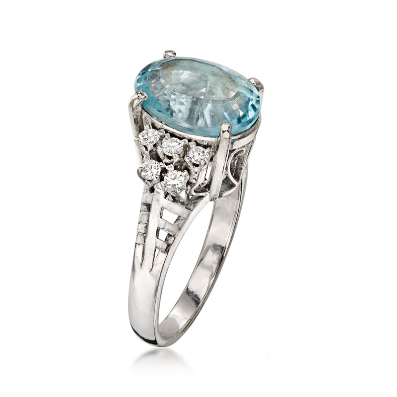 C. 1990 Vintage 3.54 Carat Aquamarine Ring with .26 ct. t.w. Diamonds in Platinum. Size 6.25