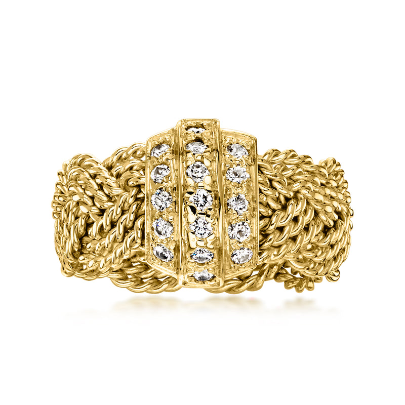 18k yellow gold braided ring with rectangular diamond center and side stones
