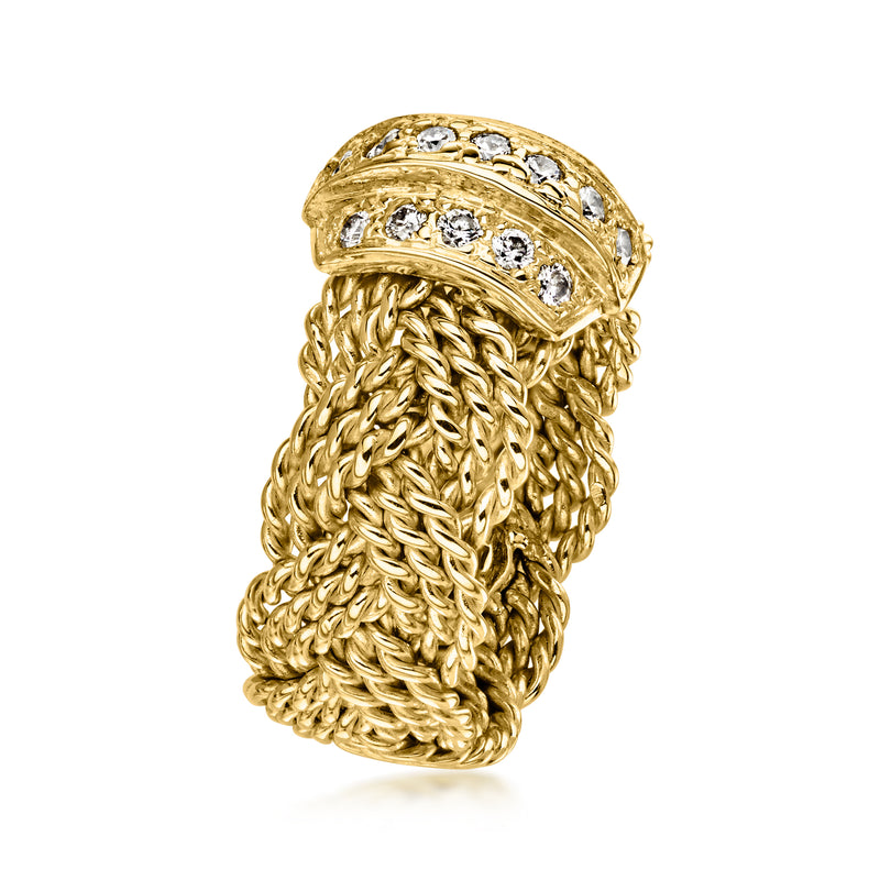 Vintage 18kt yellow gold braided ring with diamond rows