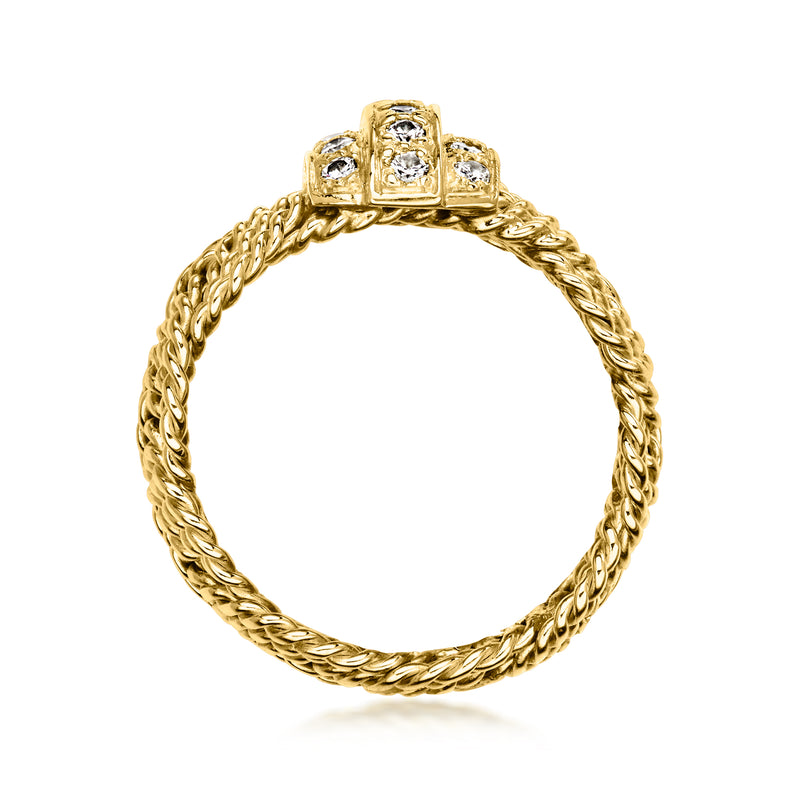 18k yellow gold braided ring with raised rectangular diamond cluster on top