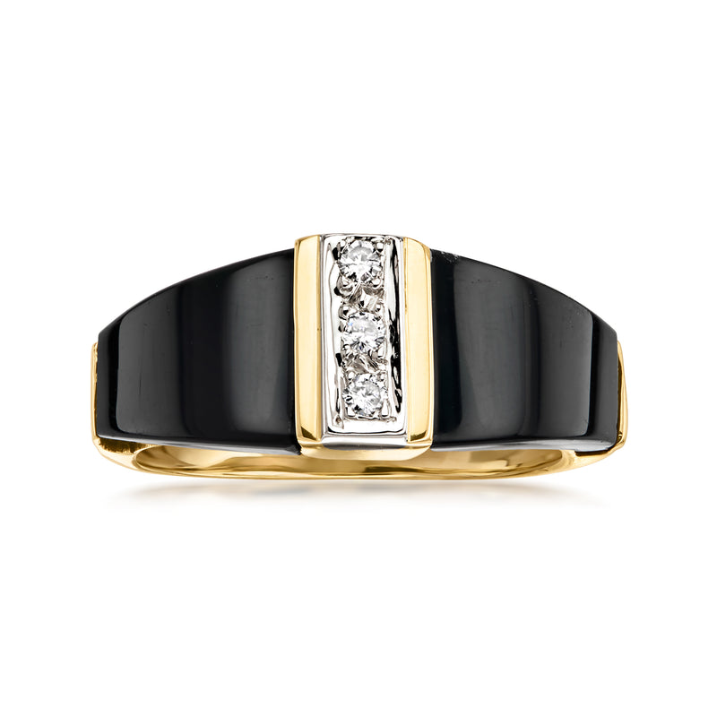 Gold and onyx vintage ring with rectangular diamond center in bezel setting