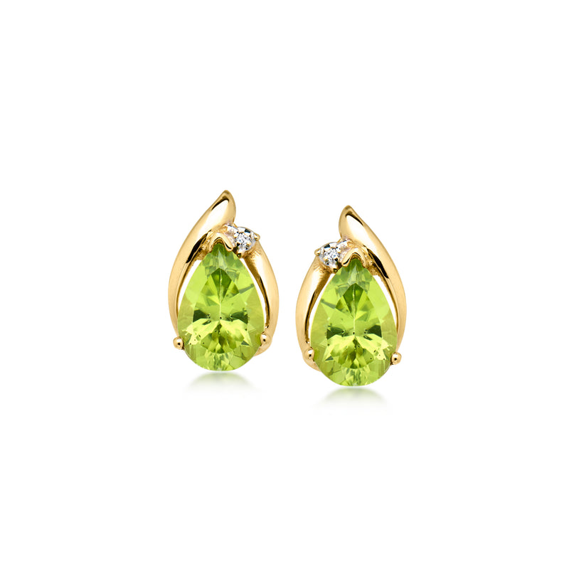 14kt yellow gold peridot pear stud earrings with small diamond accents