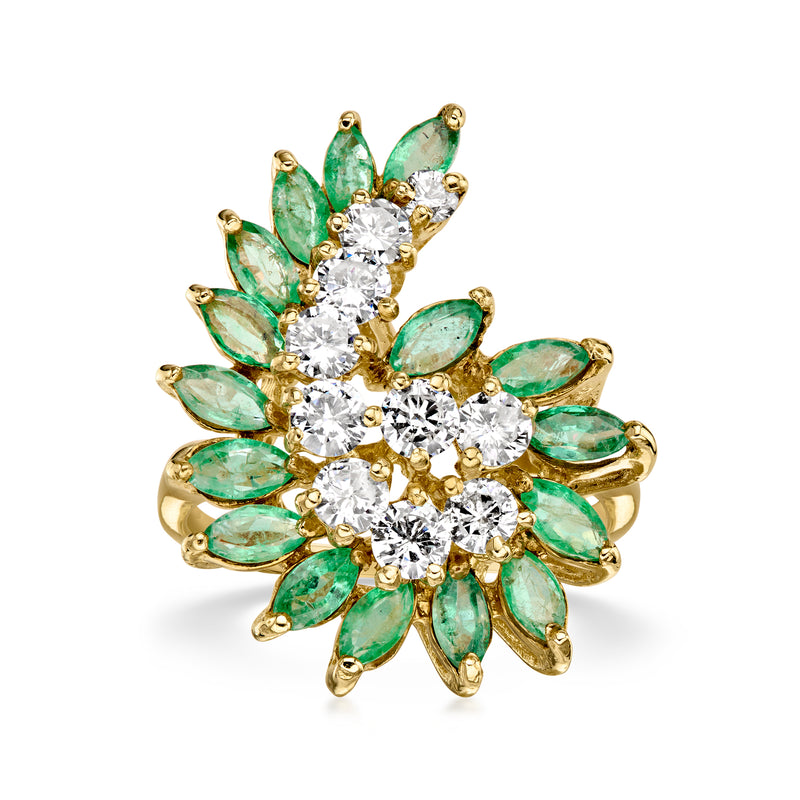 C. 1980 Vintage 2.00 ct. t.w. Emerald and 1.50 ct. t.w. Diamond Swirl Ring in 14kt Yellow Gold. Size 5.75