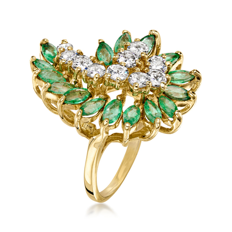 C. 1980 Vintage 2.00 ct. t.w. Emerald and 1.50 ct. t.w. Diamond Swirl Ring in 14kt Yellow Gold. Size 5.75