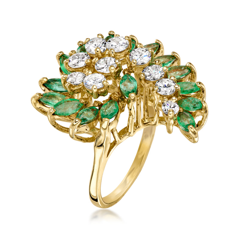 C. 1980 Vintage 2.00 ct. t.w. Emerald and 1.50 ct. t.w. Diamond Swirl Ring in 14kt Yellow Gold. Size 5.75