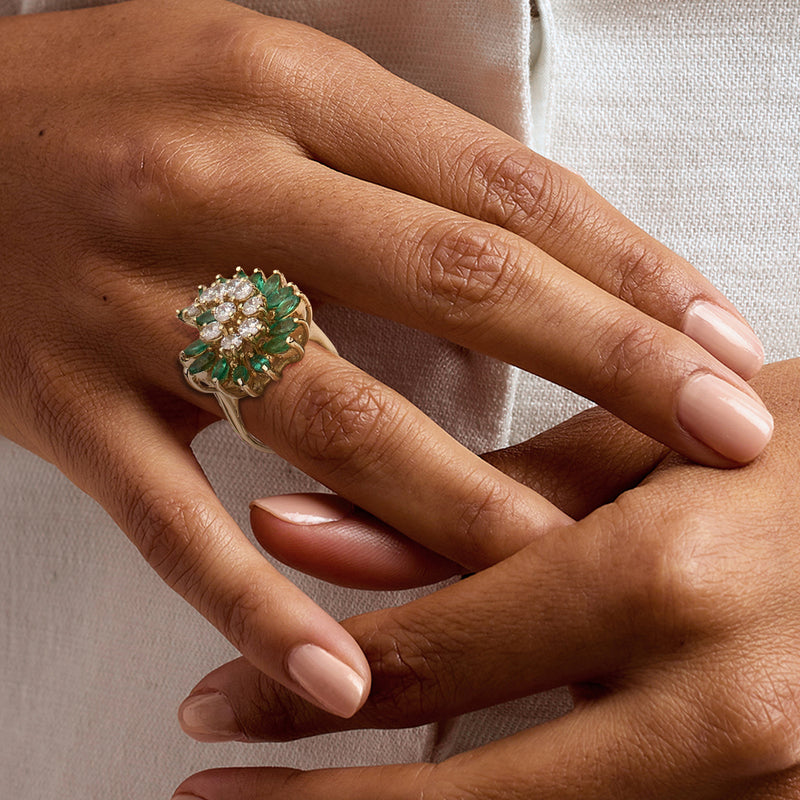 C. 1980 Vintage 2.00 ct. t.w. Emerald and 1.50 ct. t.w. Diamond Swirl Ring in 14kt Yellow Gold. Size 5.75