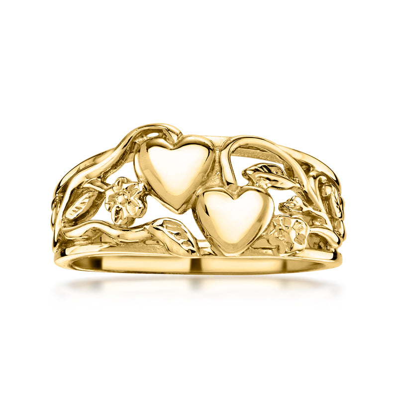 14k yellow gold vintage ring with heart motifs and floral filigree