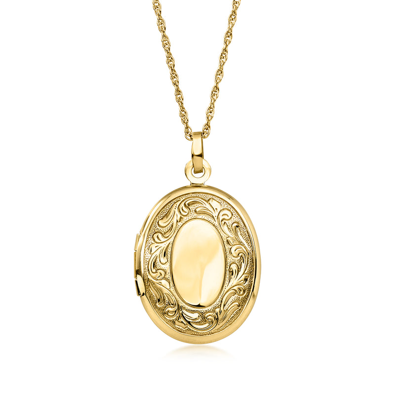 14kt yellow gold oval locket necklace with etched scrollwork, hinged frame