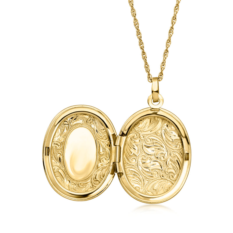 14kt yellow gold oval locket necklace, open hinged halves with engraved detailing