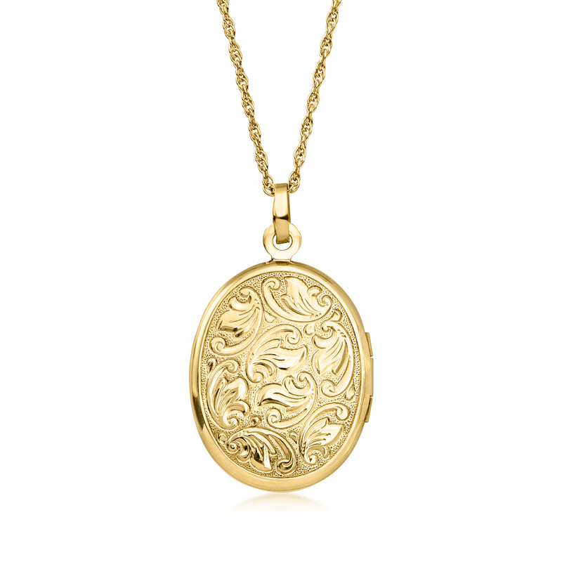 14kt yellow gold oval locket pendant necklace with ornate etched floral scroll design