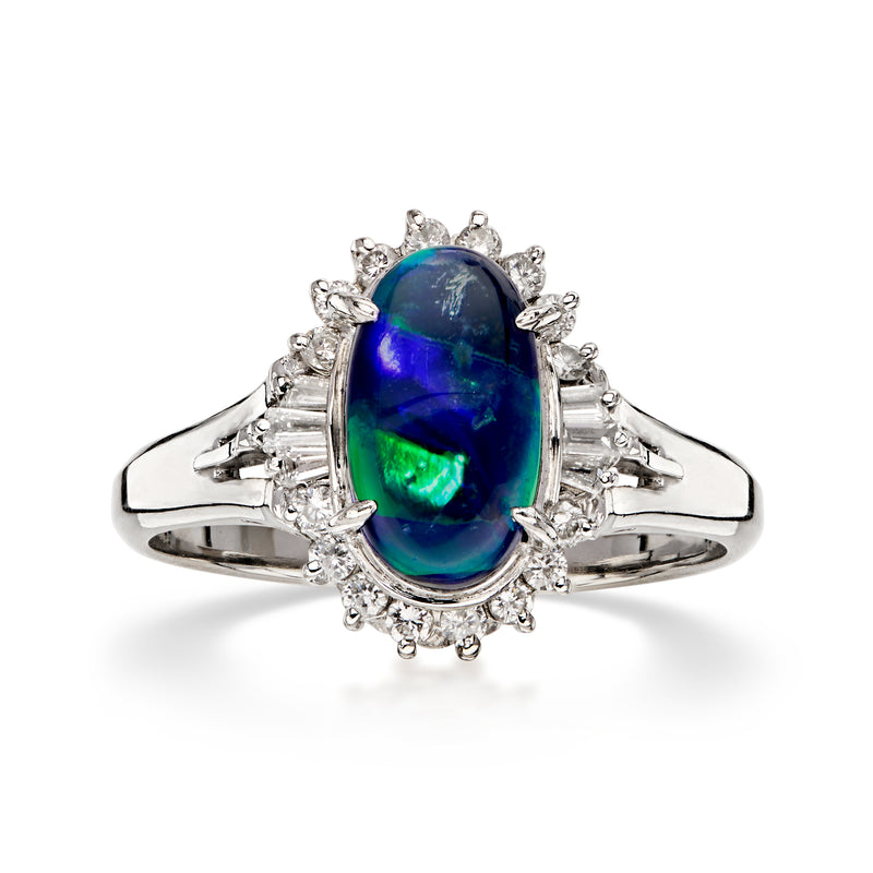 C. 1990 Vintage Black Opal Ring with .29 ct. t.w. Diamonds in Platinum. Size 6.75