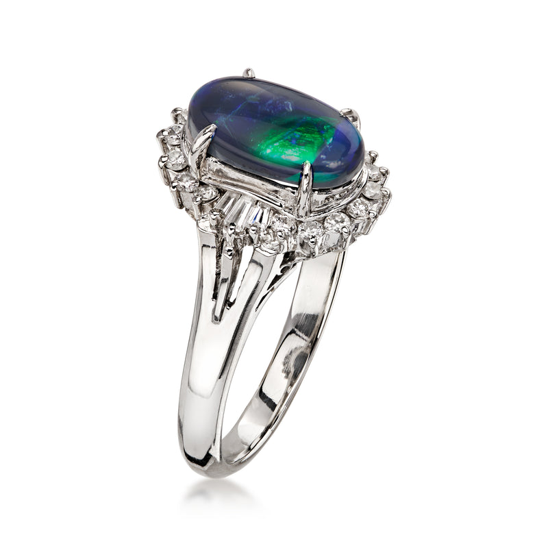 C. 1990 Vintage Black Opal Ring with .29 ct. t.w. Diamonds in Platinum. Size 6.75
