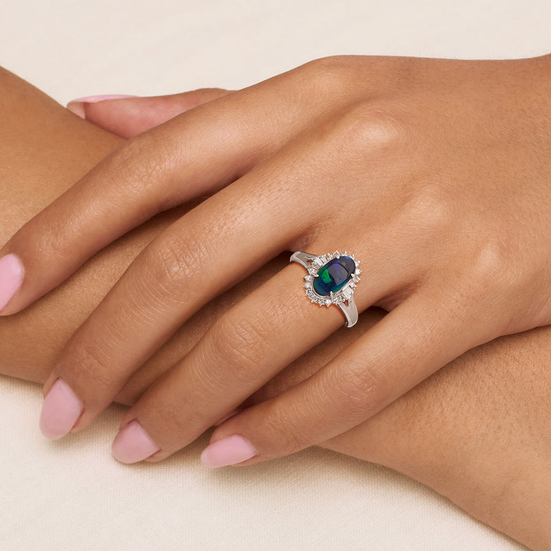 C. 1990 Vintage Black Opal Ring with .29 ct. t.w. Diamonds in Platinum. Size 6.75