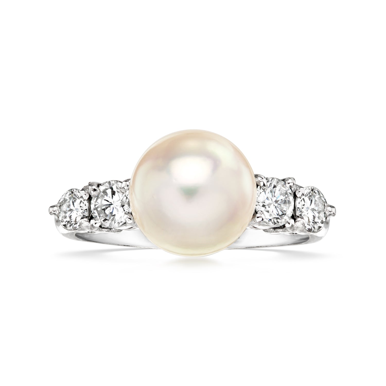 Pre-owned Ross-simons C. 1990 Vintage 9.5mm Cultured Pearl Ring With .56 Ct. T.w. Diamonds In Platinum In Silver