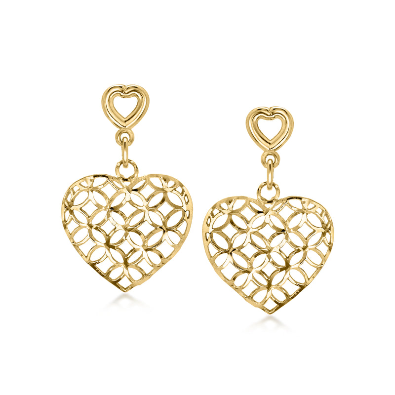 14kt yellow gold openwork heart drop earrings with chain and heart top