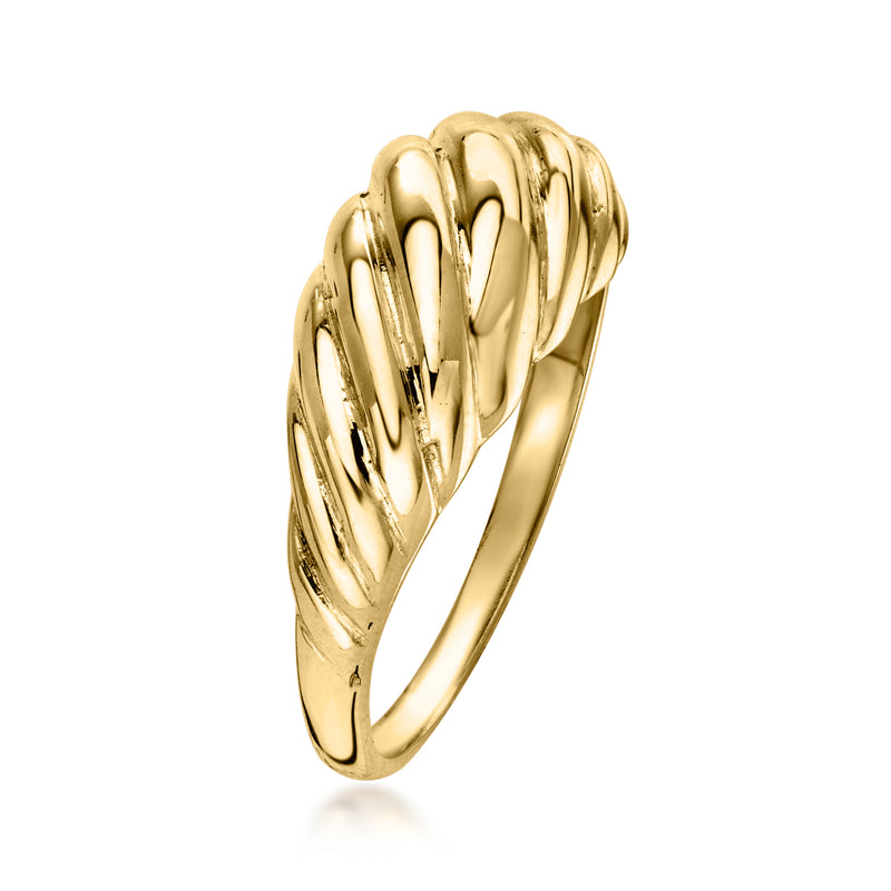 14kt yellow gold shrimp-style ring, side view with curved ridged band