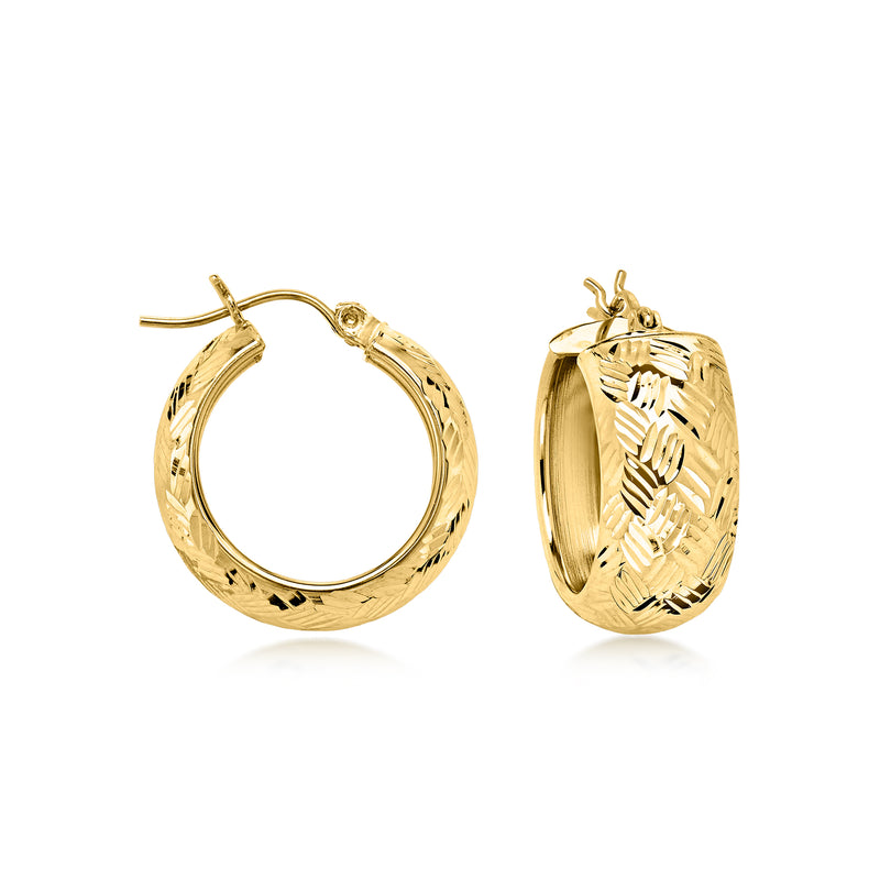 14kt yellow gold etched hoop earrings with textured detailing