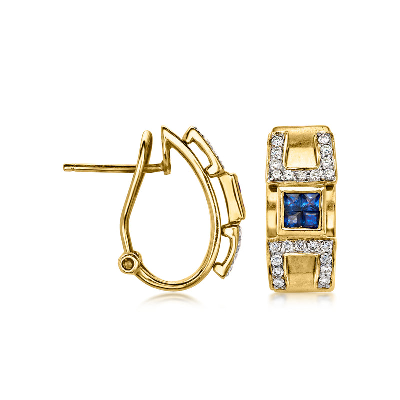 C. 1990 Vintage .60 ct. t.w. Sapphire and .50 ct. t.w. Diamond Curved Earrings in 14kt Yellow Gold