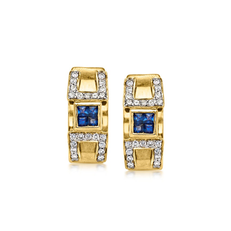 C. 1990 Vintage .60 ct. t.w. Sapphire and .50 ct. t.w. Diamond Curved Earrings in 14kt Yellow Gold