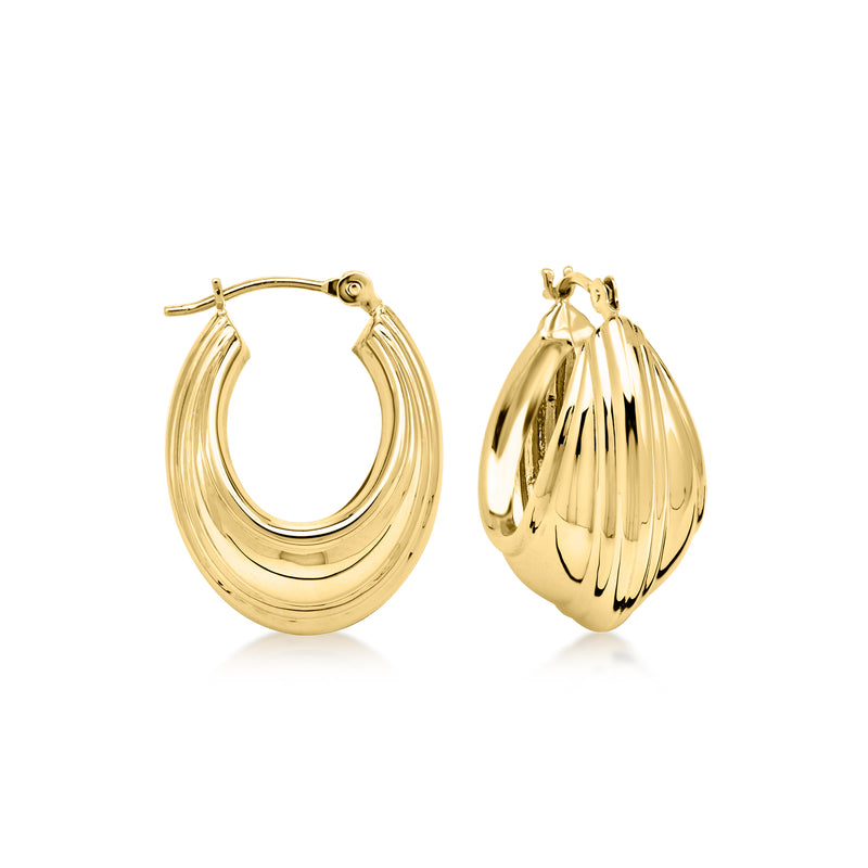 14kt yellow gold ridged oval hoop earrings with hinged closure
