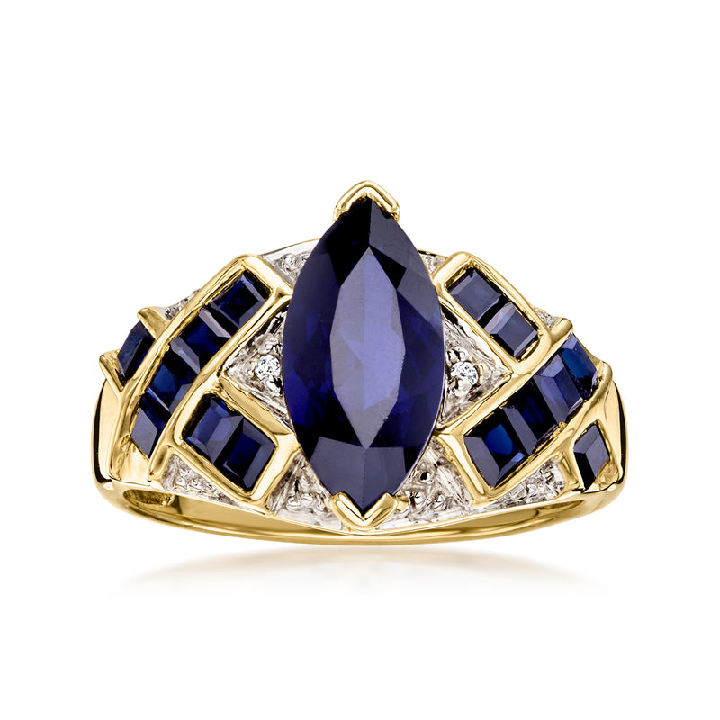 Vintage 10kt yellow gold ring with oval dark blue sapphire and diamond accents