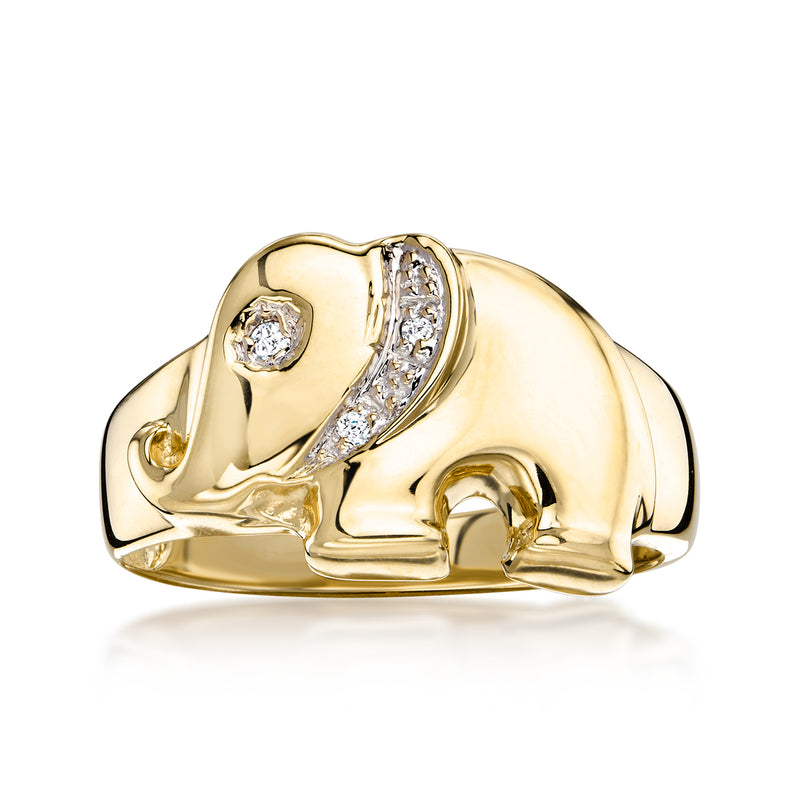 Vintage yellow gold elephant ring with diamond accents, raised round stones