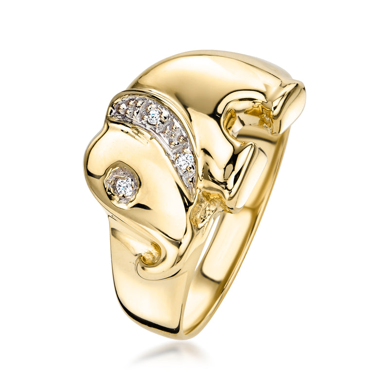 Yellow gold elephant ring with diamonds along ear and trunk, round center stone