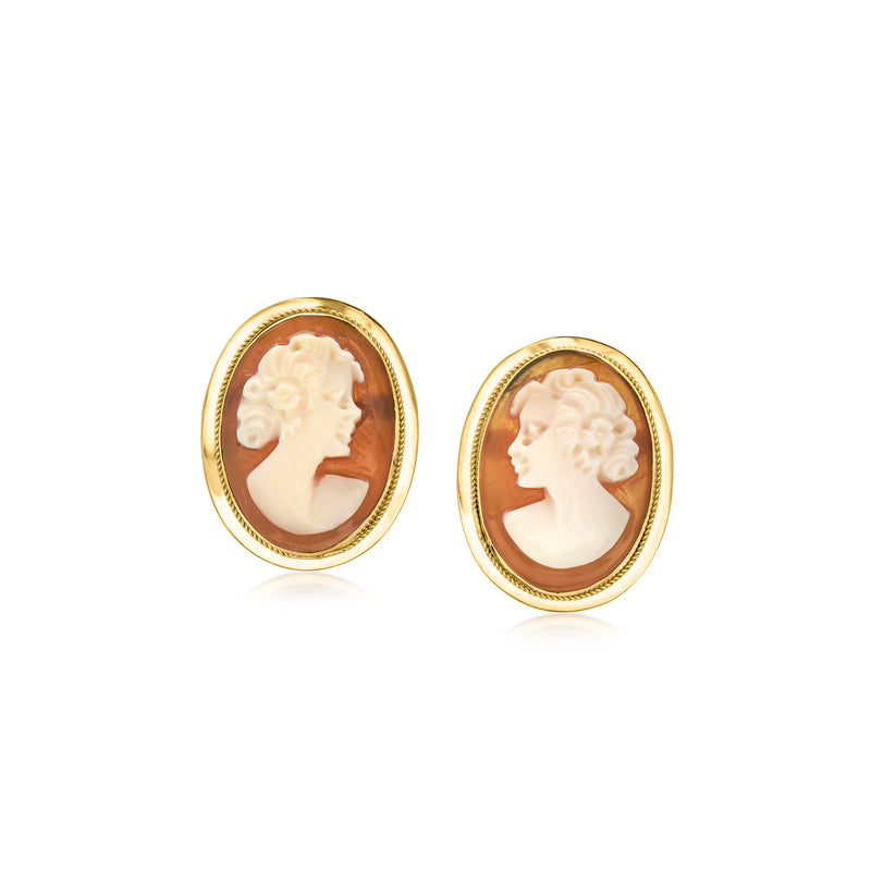 Oval brown shell cameo stud earrings in 14kt yellow gold, post backs