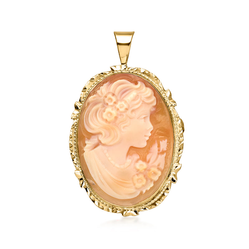 Oval shell cameo pendant in 14kt yellow gold with ornate bezel and bail