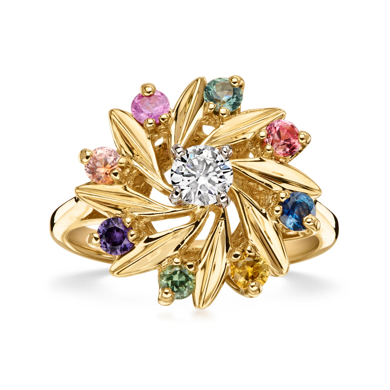 C. 2000 Vintage .25 Carat Diamond Pinwheel Ring with .80 ct. t.w. Multicolored Sapphires in 14kt Yellow Gold. Size 6