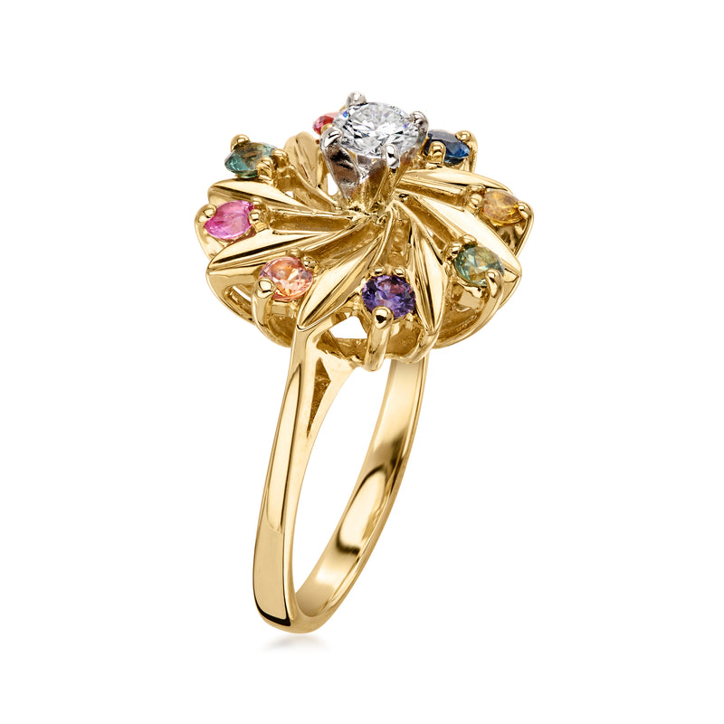 C. 2000 Vintage .25 Carat Diamond Pinwheel Ring with .80 ct. t.w. Multicolored Sapphires in 14kt Yellow Gold. Size 6
