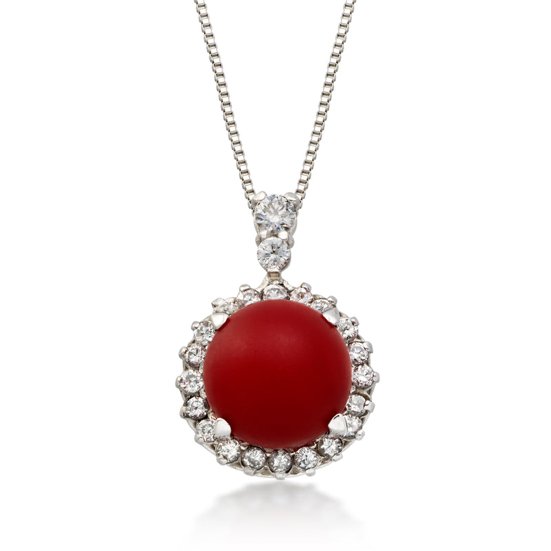C. 1990 Vintage Red Coral Bead Pendant Necklace with .25 ct. t.w. Diamonds in Platinum