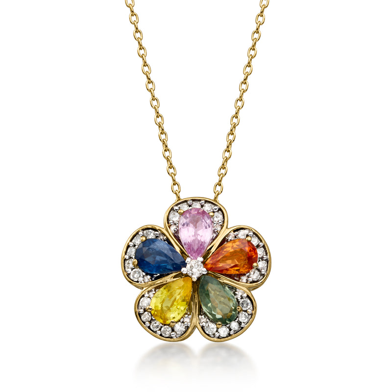 C. 1990 Vintage 1.25 ct. t.w. Multicolored Sapphire Flower Pendant Necklace with .15 ct. t.w. Diamonds in 14kt Yellow Gold. 18"