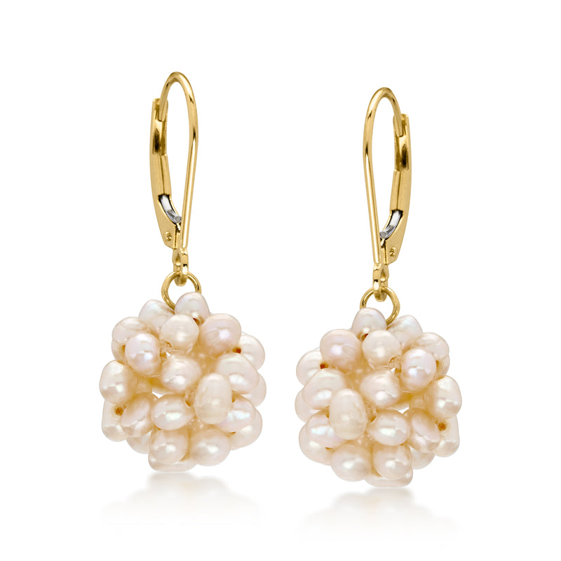 C. 1990 Vintage Cultured Pearl Cluster Drop Earrings in 14kt Yellow Gold