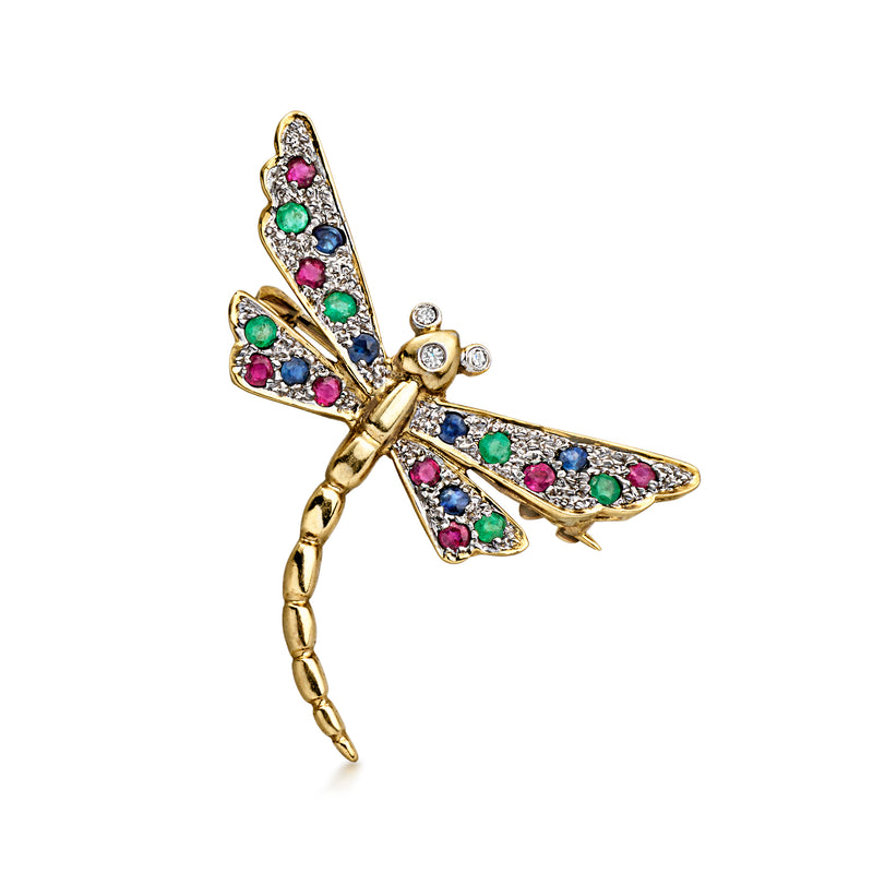 C. 1980 Vintage .92 ct. t.w. Multi-Gemstone Dragonfly Pin/Pendant with Diamonds in 14kt Yellow Gold